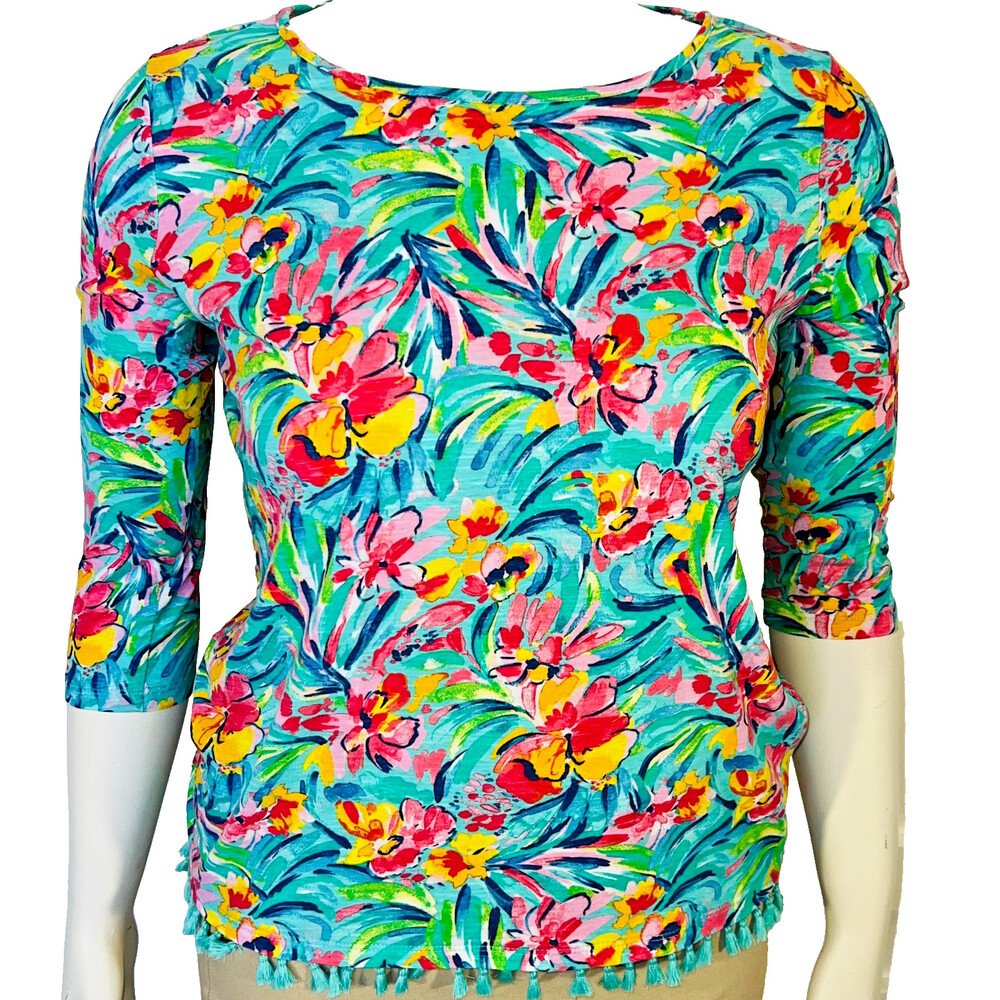 Stella Parker - Blue, Teal, Red Multi Color Floral 3/4 Sleeve Tassel Hem Blouse